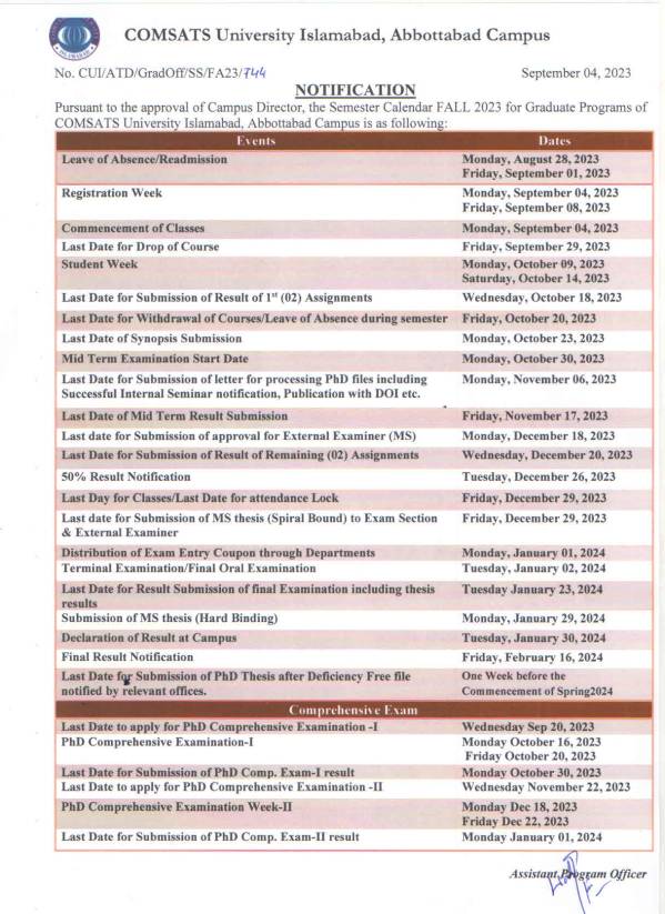 Graduate Semester Schedule CUI Abbottabad