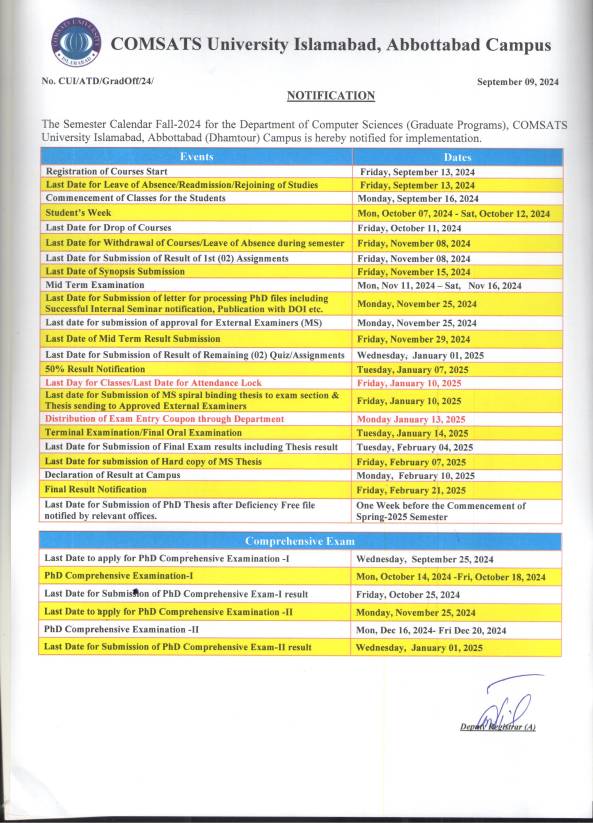 Semester Schedule CUI Abbottabad